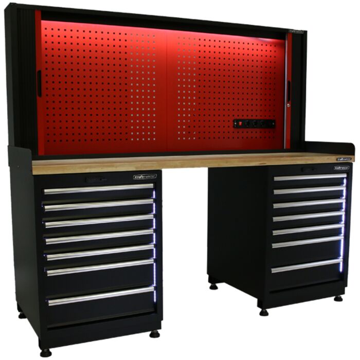 Kraftmeister Expert workbench with tool panel 14 drawers oak 200 cm grey