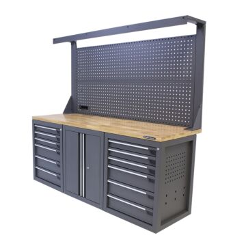 Kraftmeister workbench with back panel 12 drawers 2 doors Oak 200 cm grey