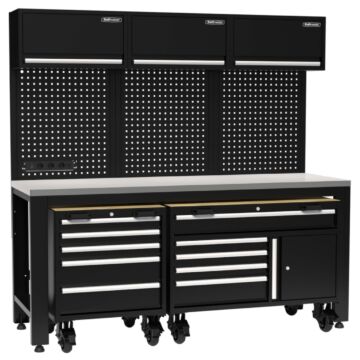 Kraftmeister Pro garage storage system with roller cabinets stainless steel black