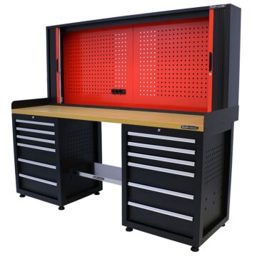 Kraftmeister Pro workbench with tool panel 12 drawers MDF 200 cm black
